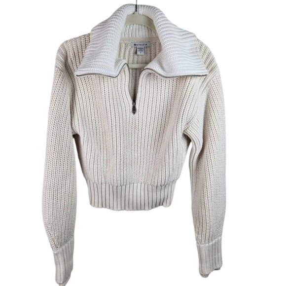 Athleta Cream Knit Half Zip Adler Cropped Pullover Sweater Chunky Collar Size S - Picture 10 of 10